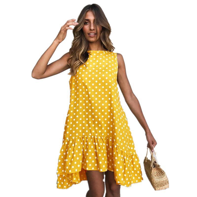 Sommerkleid Frauen Welle Punkt gekräuselte Polka O Hals ärmellos Casual Strand Sommerkleid transparent weiblich plus Größe vestidos 2020