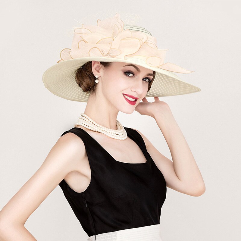 FS Black White Elegant Women Church Hats For Ladies Flowers Large Brim Organza Hat Beach Sun Kentucky Derby Hat Fedora