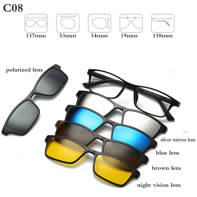 Fashion Optical Spectacle Frame Men Women With 5 Clip On Sunglasses Polarized Magnetic Glasses For Male Myopia Eyeglasses RS159