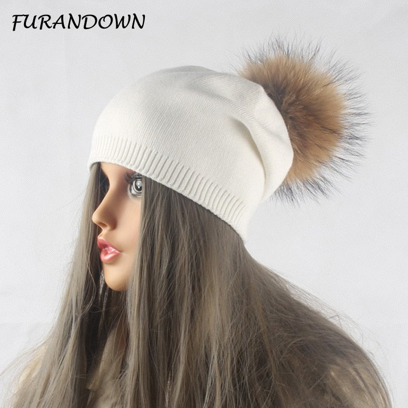 Gorro con pompón para otoño e invierno, gorros tejidos de lana para mujer, gorros informales de Cachemira para mujer, gorro con pompón de piel de mapache Real