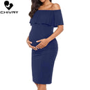Chivry Pregnant Women Pregnancy Dress Fashion Short Sleeve Slash Neck Solid Ruffles Mama Dress Maternity Clothing Dresses