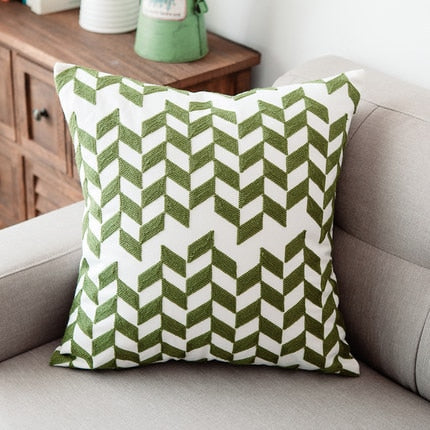 Home Decor Emboridered Cushion Cover Green Geometric Canvas Cotton Suqare Embroidery Pillow Cover 45x45cm