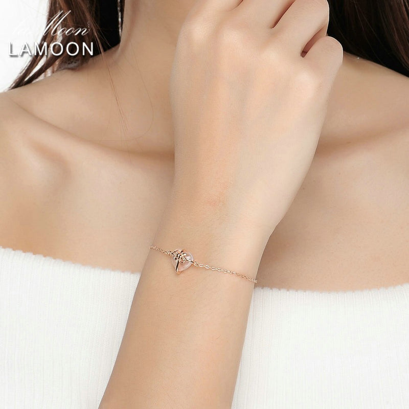 LAMOON 925 sterling silver Bracele For Women Heart Bracelet Rose Quartz Gemstone 18K Rose Gold Plated Fine Jewelry LMHI047