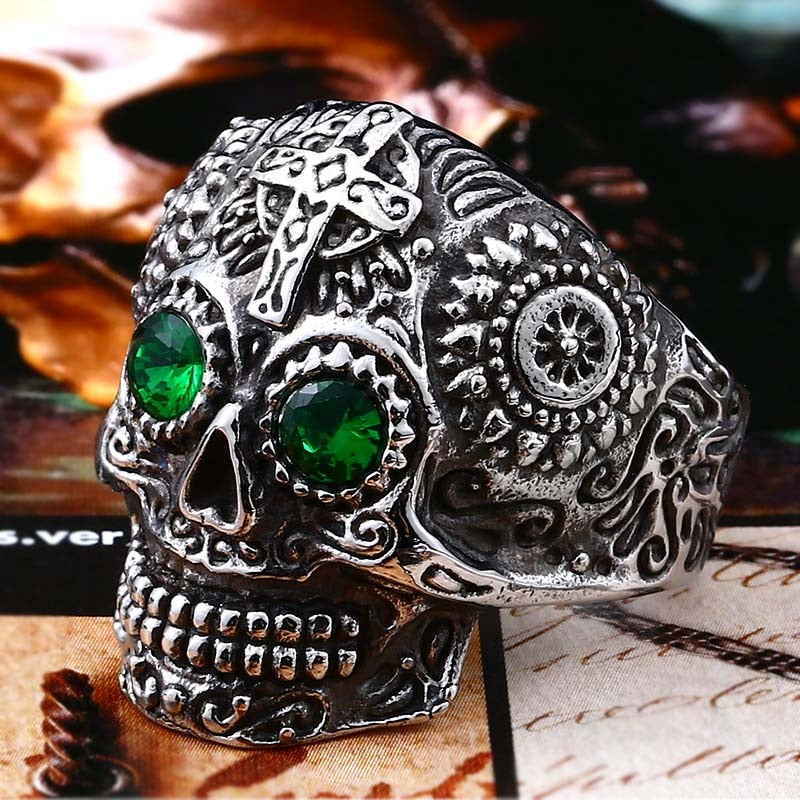 BEIER Stainless Steel Gothic gold Carving kapala skull  Ring Biker Hiphop rock Jewelry Unique fashion Gift for men BR8-327