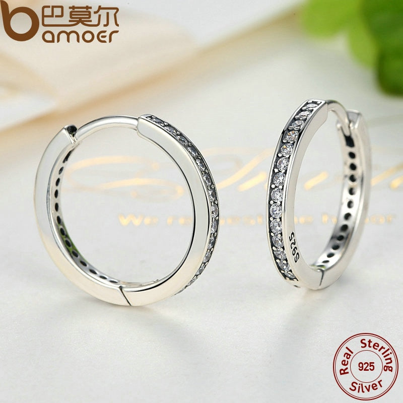 bamoer 925 Sterling Silver CZ Simple Female Hoop Earrings Jewelry for Women Sterling Silver Jewelry PAS456