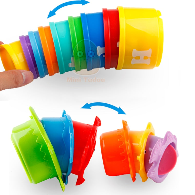 Stack Cup Educational Baby Toys Rainbow Color Figures Folding Tower Funny Puzzle Piles Stacking Cup Letter Toy Kids Water Toys