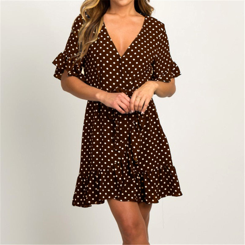 Aachoae Summer Dress 2021 Boho Style Beach Dress Fashion Short Sleeve V-neck Polka Dot A-line Party Dress Sundress Vestidos