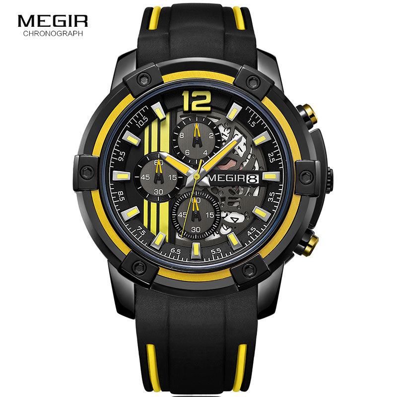 Megir, correa de silicona negra para hombre, relojes de cuarzo, cronógrafo, reloj de pulsera deportivo para hombre, 3atm, manecillas luminosas impermeables, 2097 amarillo