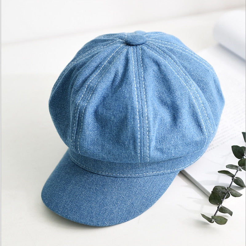 New Women Leisure Octagonal Hat Ladies Denim Beret Hat Cowboy Cap Newsboy Gatsby Cap Octagonal Baker Peaked Beret Driving Hat