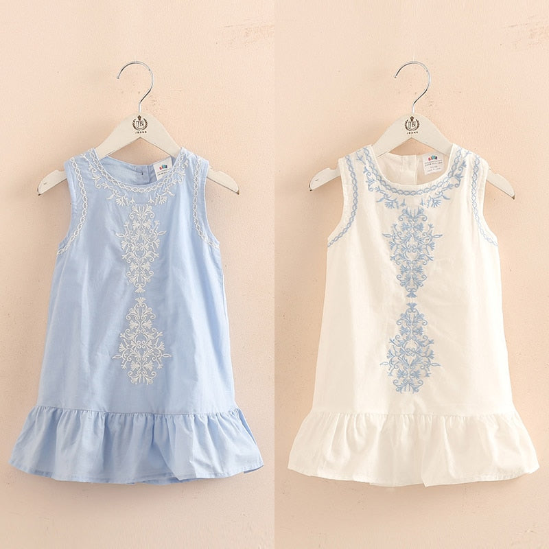 2023 Hot Summer 2-10 Years Old Brief Kids Lace Embroidery Flower Floral Sleeveless Flounce Vest Tank Sundress Girls Dress Cotton