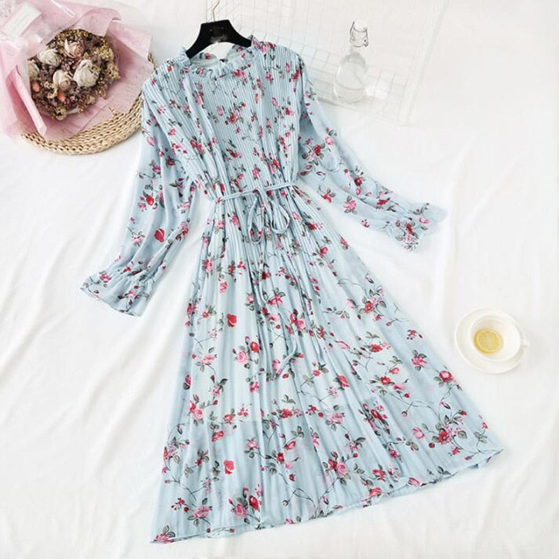 2022 New Women Spring Print Dresses Long Sleeve Chiffon Pleated Dress Casual Ruffle Flare Sleeve Long Dress Loose Vestidos