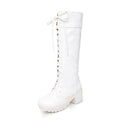 Gdgydh, botas hasta la rodilla de talla grande 43 con cordones para mujer, zapatos de tacón cuadrado blanco a la moda de cuero suave para otoño, gran oferta de invierno para mujer