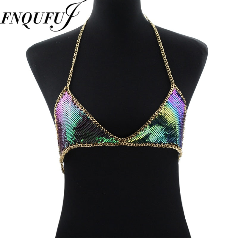 Mesh Sequin Body chain Bra Bikini Chain women Statement Metal bra chain bralette Beach Party Harness body jewelry