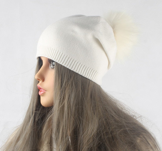 Gorro con pompón para otoño e invierno, gorros tejidos de lana para mujer, gorros informales de Cachemira para mujer, gorro con pompón de piel de mapache Real