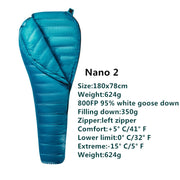 The Nano Two | 95% White Goose Down Mummy Sleeping Bag for 3-Season Camping