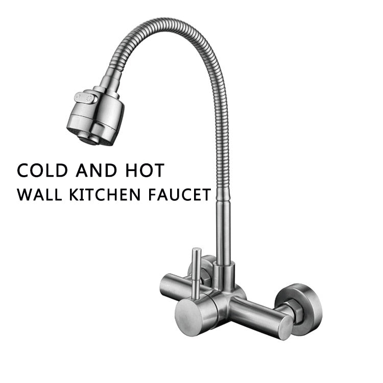 Stainless Steel Wall Mounted Kitchen Faucet Wall Kitchen Mixers Kitchen Sink Tap 360 Degree Swivel Flexible Hose Double Holes