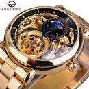 Forsining Automatic Mechanical Business Watch Mens Clock Golden Moon Phase Steel Strap Wrist Watches Top Brand Relogio Masculino