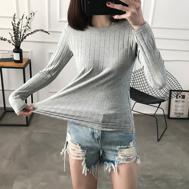 Striped Elastic T Shirt Women 2022 Spring Top Casual O Neck Long Sleeve Shirt Cotton T-Shirts Tops Knitted Blusas Big Size D108