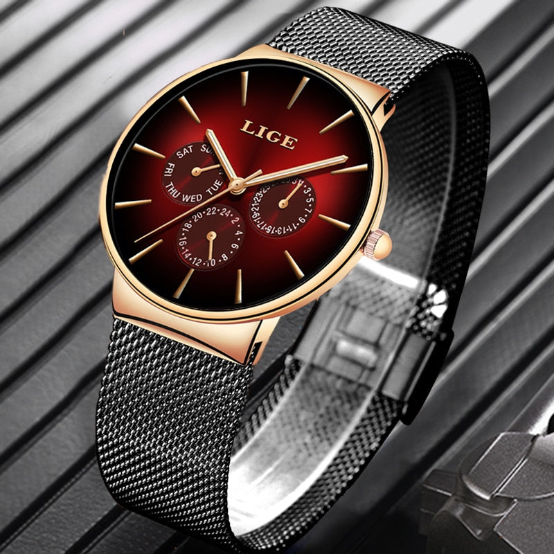 LIGE New Fashion Mens Watches Top Brand Luxury Quartz Watch Men Mesh Steel  Waterproof Ultra-thin Wristwatch For Men Sport Clock