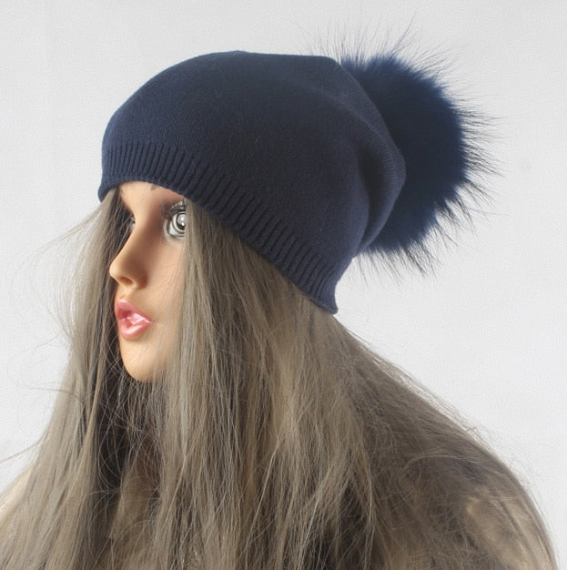 Gorro con pompón para otoño e invierno, gorros tejidos de lana para mujer, gorros informales de Cachemira para mujer, gorro con pompón de piel de mapache Real