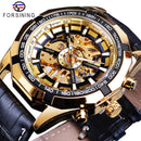 Forsining Waterproof Golden Black Skeleton Clock Two Button Decoration Mechanical Wrist Watches for Men Black Genuine Leather