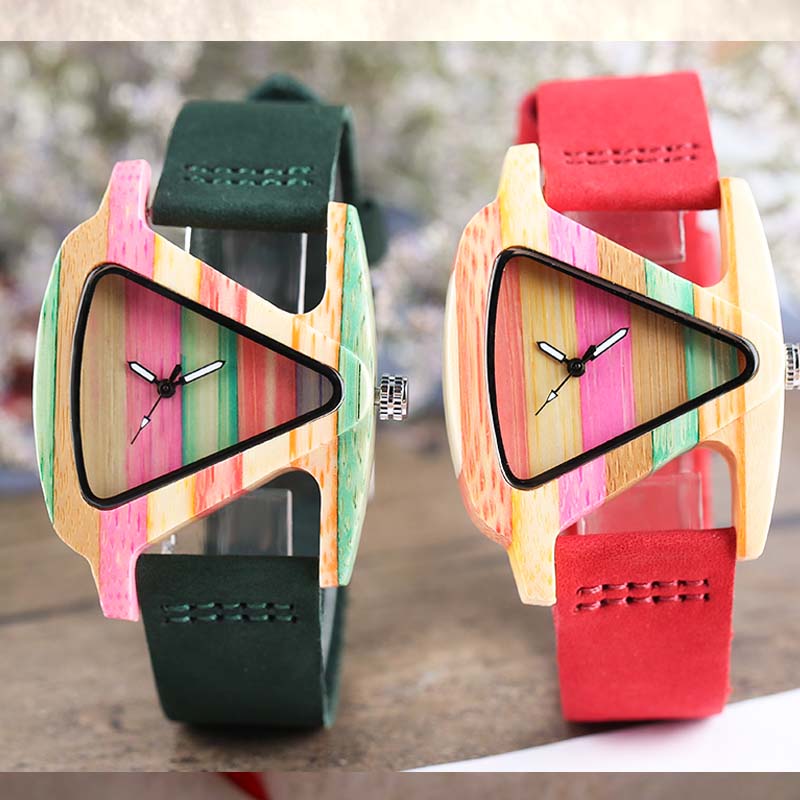 Unique Colorful Wood Watch Creative Triangle Shape Dial Hour Clock Women Quartz Leather Bracelet Watch Women&