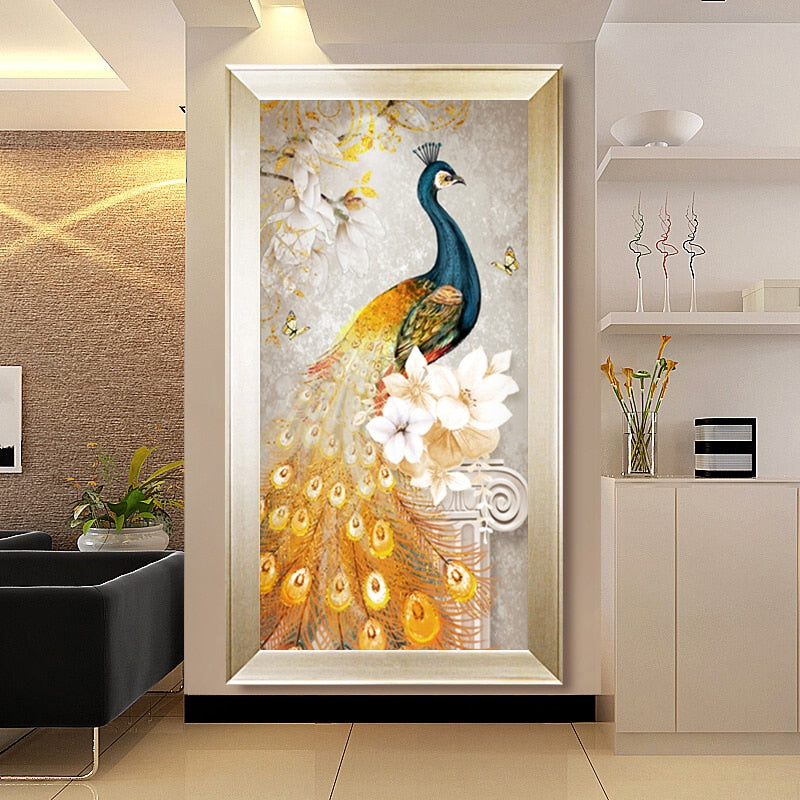 Zozack Needlework DIY Cross stitch For Full Embroidery kit Vertical gold peacock painting on canvas cross-stitch sets Wall Decor