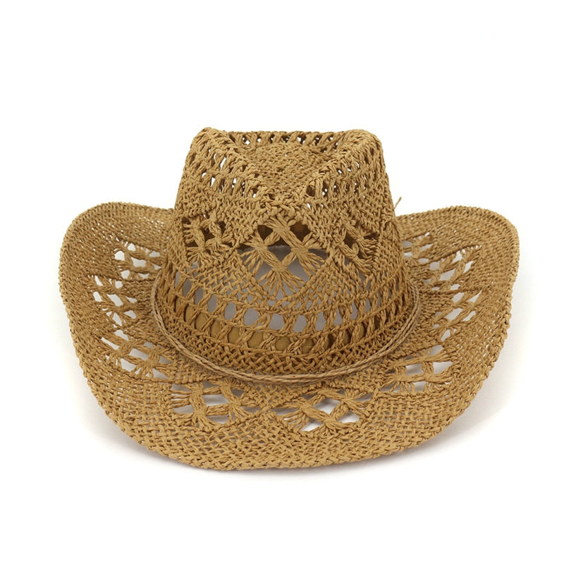 Summer Outdoor Men Women Hand-woven Western Cowboy Straw Hats Wide Brim Breathable Beach Jazz Cap Sun Protection Hat