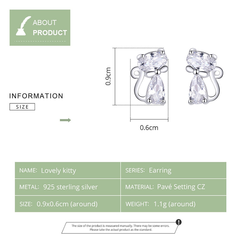 bamoer Cat Silver Stud Earrings Sterling Silver 925 Clear CZ Cute Animal Ohrringe Hypoallergenic Female Gift  Brincos BSE206