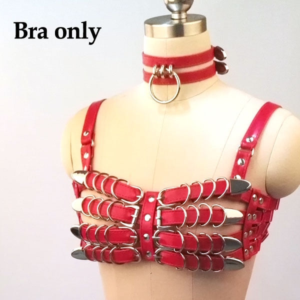 100% Handcrafted Heavy Duty 4 Row Caged Bra PU Leather Women Harness Bondage Chest Lingerie Bra Belt Skirt Harness Waist Belt