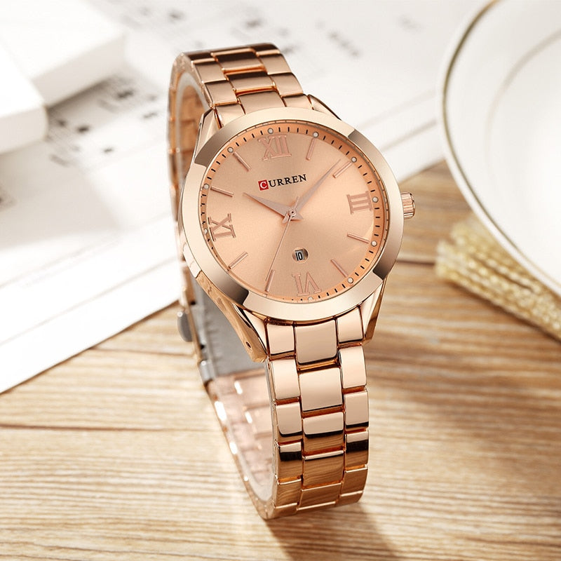 Marca CURREN, reloj de acero para mujer, vestido de lujo para mujer, reloj de pulsera de cuarzo a la moda, pulsera clásica de cristal dorado, reloj para mujer