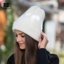 [Rancyword] Damen Wintermützen Beanies Strickmützen Kaninchenfellmütze Weiblich Echthaar Skullies Mützen Gorros Unifarbe RC1222-2
