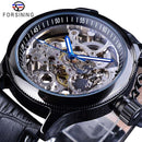 Forsining Waterproof Golden Black Skeleton Clock Two Button Decoration Mechanical Wrist Watches for Men Black Genuine Leather