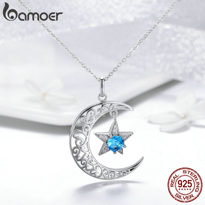 BAMOER Romantic 925 Sterling Silber Funkelnder Mond und Stern Halsketten Anhänger für Frauen Mode Halskette Schmuck Geschenk SCN278