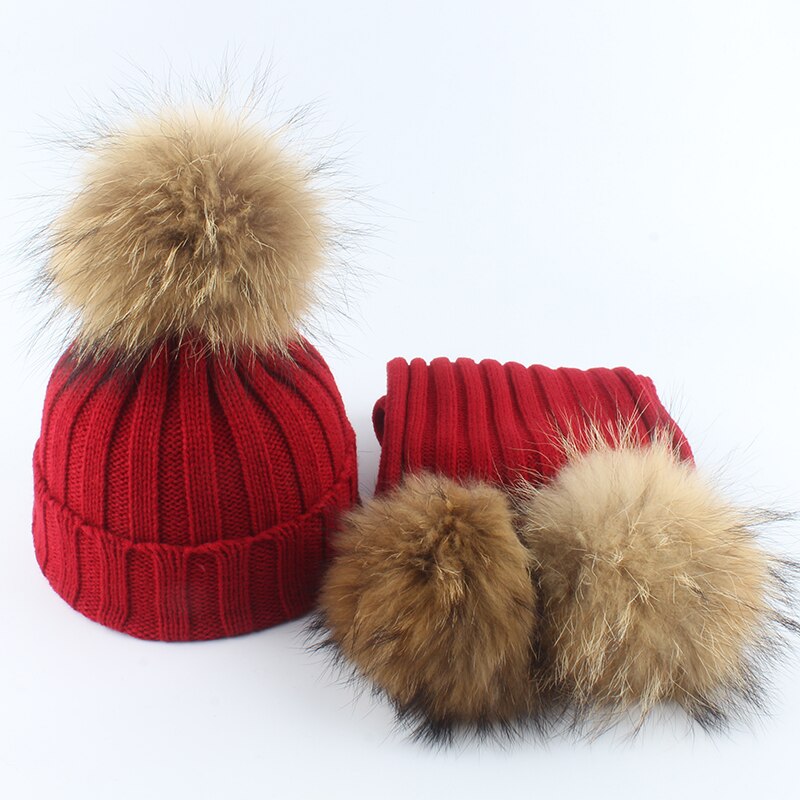 Children Real Fur Pompom Beanie Warm Knitted Hat and Scarf Set Boys Girls Winter Baby Cap