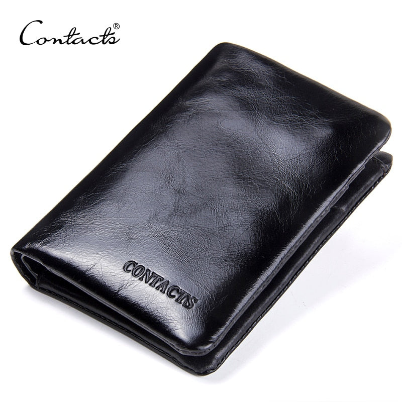 Cartera de cuero genuino para hombre con cera de aceite de CONTACT'S, carteras cortas negras para hombre, tarjetero masculino Portomonee