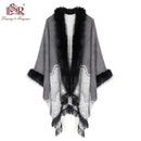 2020 Winter-Foulard-Frauen-Poncho mit Pelz-Kragen-Blumen-weiblichem Kaschmir-Schal-Schal-Jacquard-Fähigkeits-warmer Pashmina-Poncho-Quaste