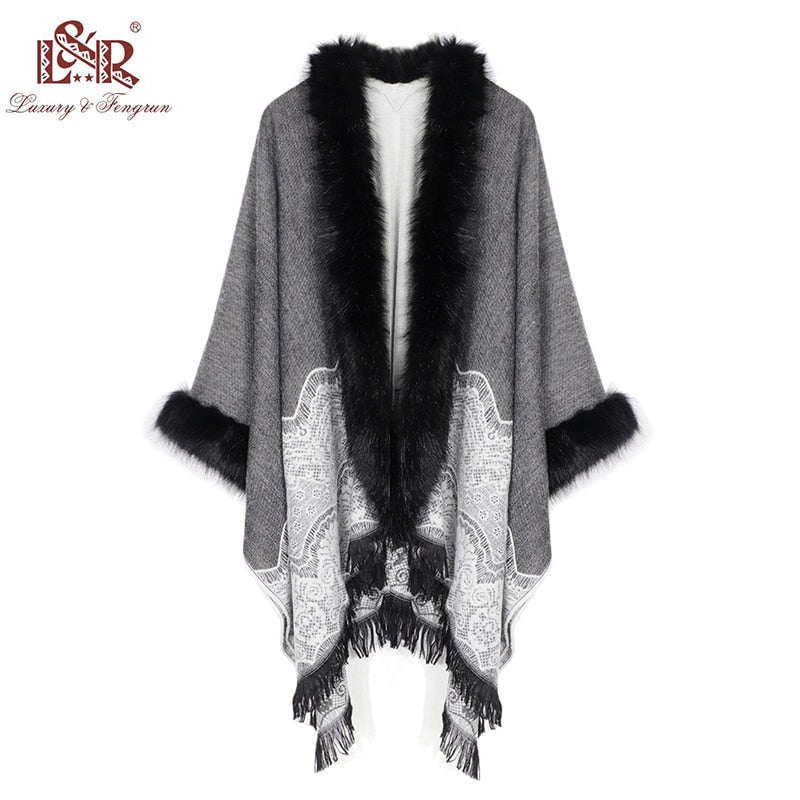 Foulard de invierno 2020 para mujer, Poncho con cuello de piel, chales florales de Cachemira para mujer, bufanda Jacquard Skill, Poncho de Pashmina cálido con borlas