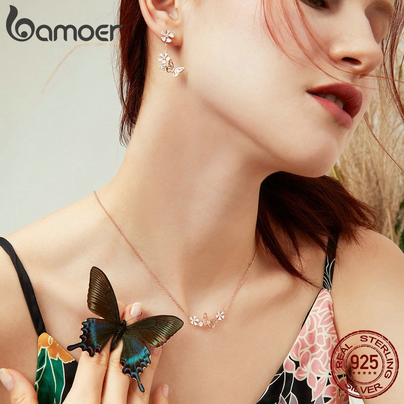 BAMOER 925 Sterling Silber Schmetterling und Blume Halskette Emaille Floral Short Choker Halskette Silber Korean Style Schmuck BSN053