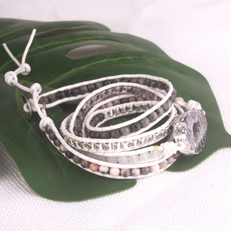 5x Leather Wrap Bracelet Natural Stone Crystal Mix Multi Color Combos Bracelet For Women