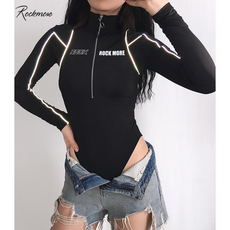 Body Rockmore ajustado de manga larga con rayas reflectantes y cremallera para mujer, bodis con estampado de letras para mujer, ropa de calle para Otoño e Invierno