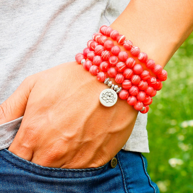 Rhodochrosite Stone Beads  Women Bracelet Yoga Lotus Tree Life Charm Wing Mala Necklace Jewelry Handmade Gift