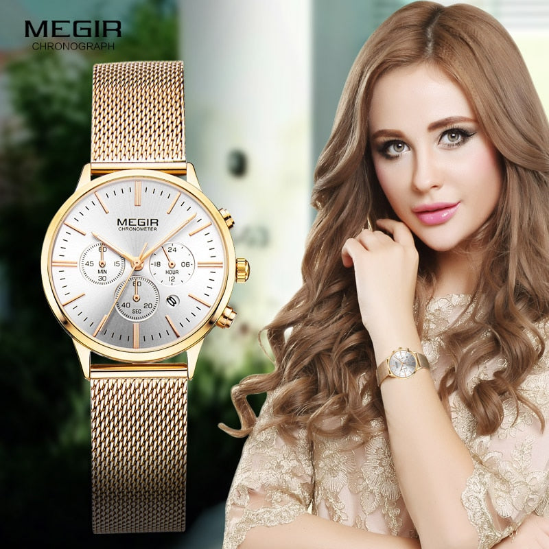 Megir Damen Chronograph Leuchtzeiger Datumsanzeige Edelstahl Mesh Armband Quarz Armbanduhren Lady Rose Gold M2011L-1