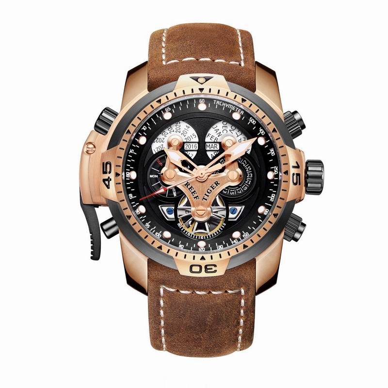Reloj deportivo Reef Tiger/RT con calendario perpetuo Fecha Día Caja de acero Correa de cuero negro Relojes mecánicos para hombres RGA3503