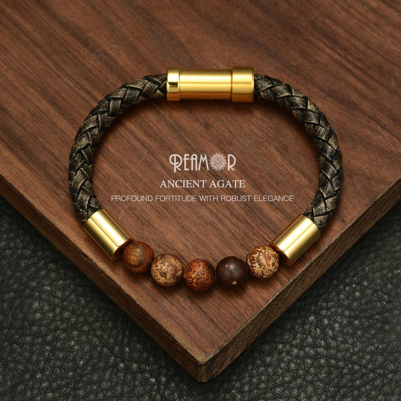 REAMOR Men Black Green Natural Stone Braided Leather Bracelets Gold Color 316L Stainless steel Embedded Clasp Bangle Jewelry