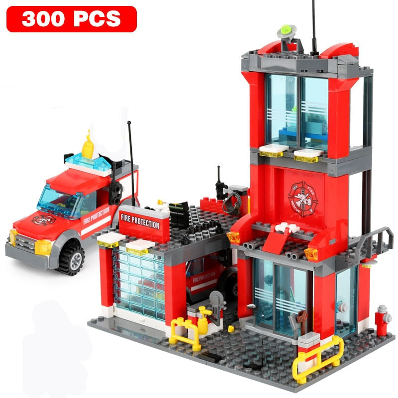 City Fire Station Building Blocks Mini Size Fire Engine Truck Blocks Firefighting Aircraft Helicopter Bricks Sets Toys For Kids