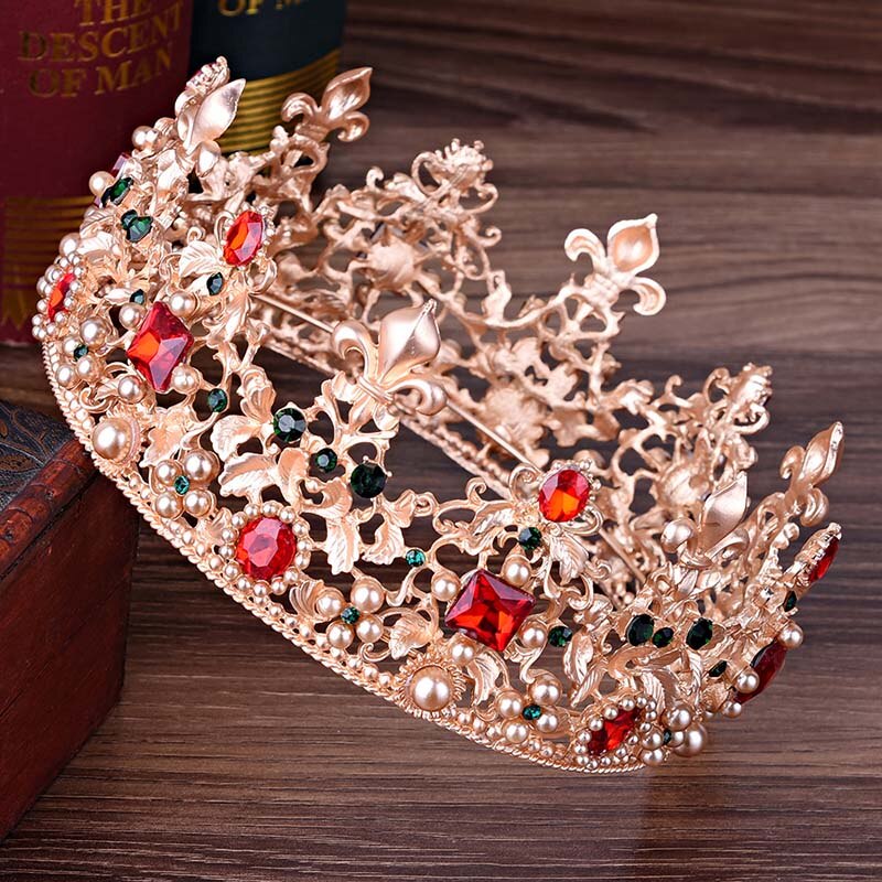 FORSEVEN Gold Full Circle Pearl Crystal Crown and Tiara Bridal Coronal Diadem Headpiece Hair Jewelry Wedding Accessories JL