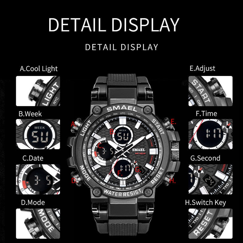 SMAEL Herren Sportuhren Digital Double Time Chronograph Uhr Herren LED Chronometer Wochenanzeige Armbanduhren montre homme Hour