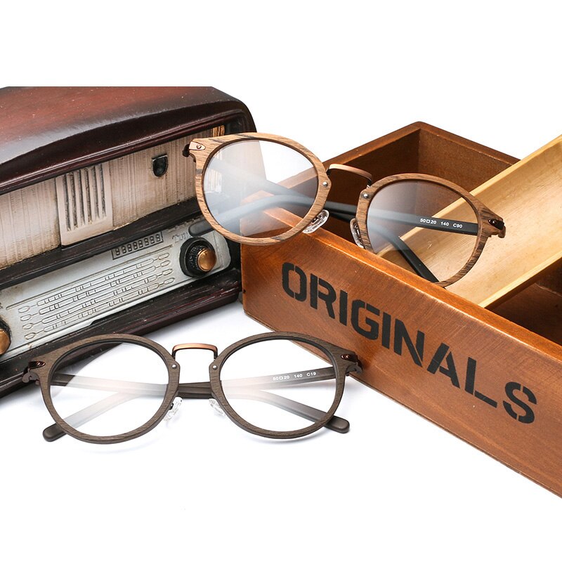 HDCRAFTER Prescription Eyeglasses Frames For Men and Women Retro Round Wood Grain Optical Glasses Frame with Clear Lens