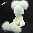 Winter Real Fur Scarf and Hat Set Kids Big Real Raccoon Fur Balls Hat Double Fur Pom Pom Beanies Children Girls Warm  Scarf Cap